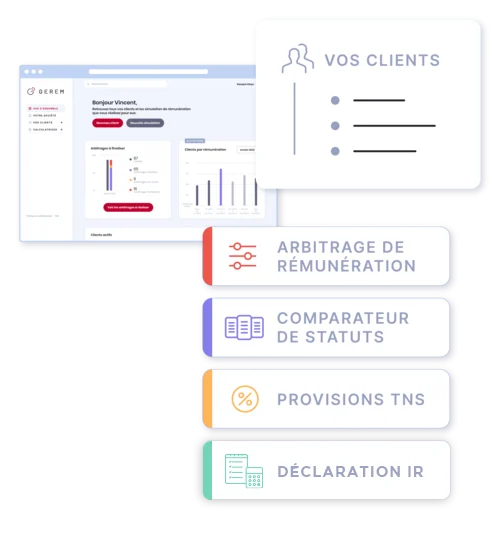 Tableau de bord Gerem et ses quatre modules : arbitrage de rémunération, comparateur de statuts, provisions TNS et déclaration IR